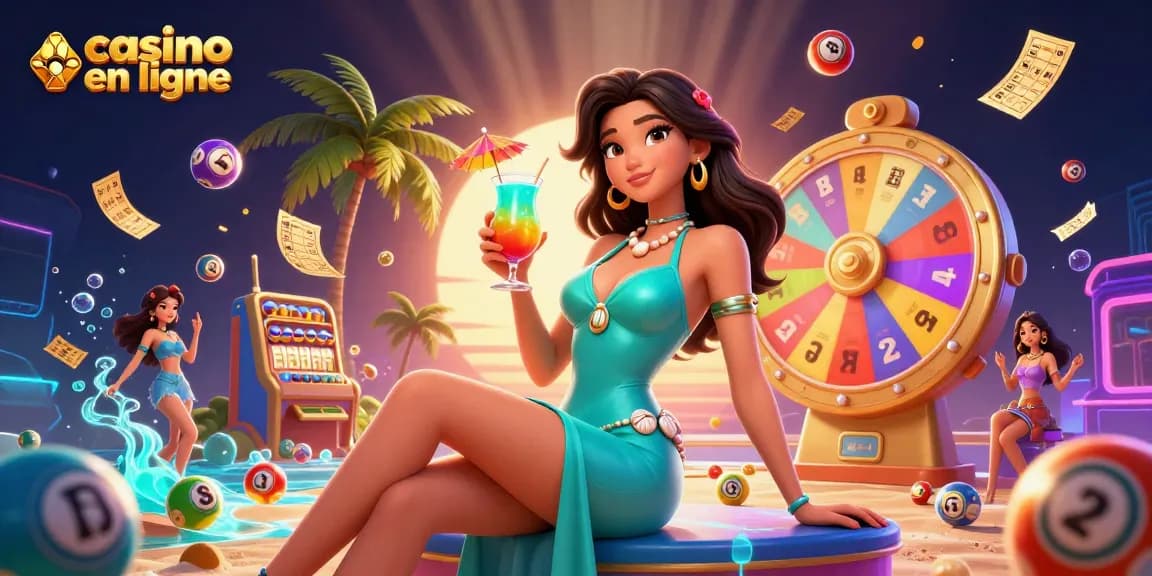 Découvrez l'excitation du casino en ligne avec des jeux vibrants, des personnages animés et des prix en or dans cette scène dynamique.
