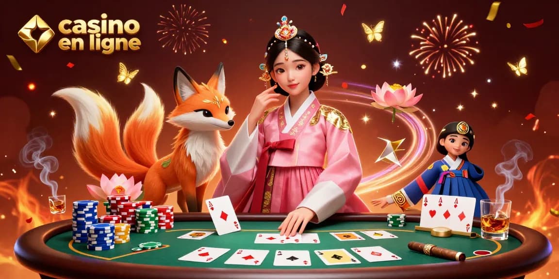 Engaging casino en ligne illustration showcasing poker elements and an Asian woman in traditional attire.