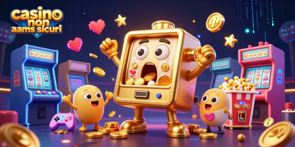 Scopri i migliori casinò non AAMS sicuri mentre una slot machine dorata vince un jackpot con una pioggia di monete.