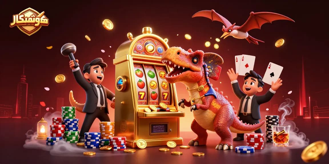 Spinning the jackpot at هوشمندکار with a dinosaur-themed casino illustration featuring dynamic slot machines.