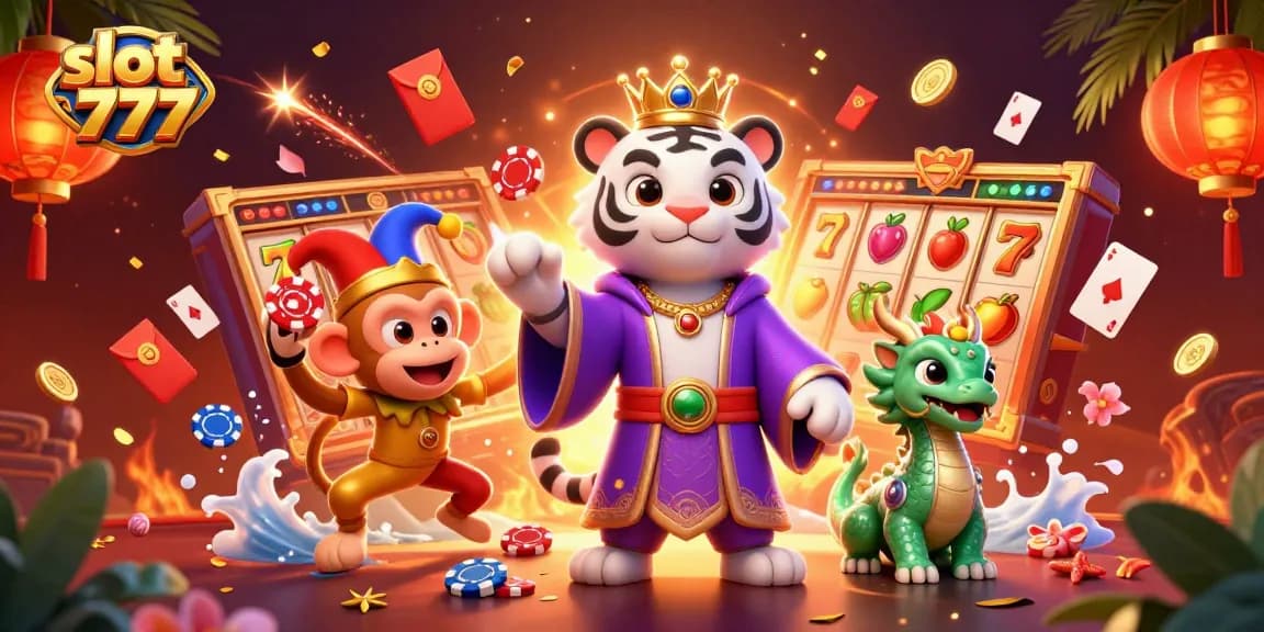Spin to win with slot 777, featuring a tiger and monkey in a vibrant casino scene.