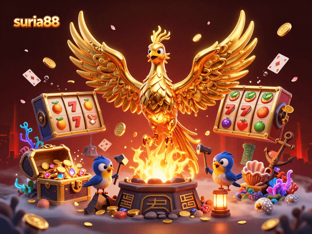 Join suria88 for thrilling slots and jackpots amidst a golden phoenix and adventure-filled elements.