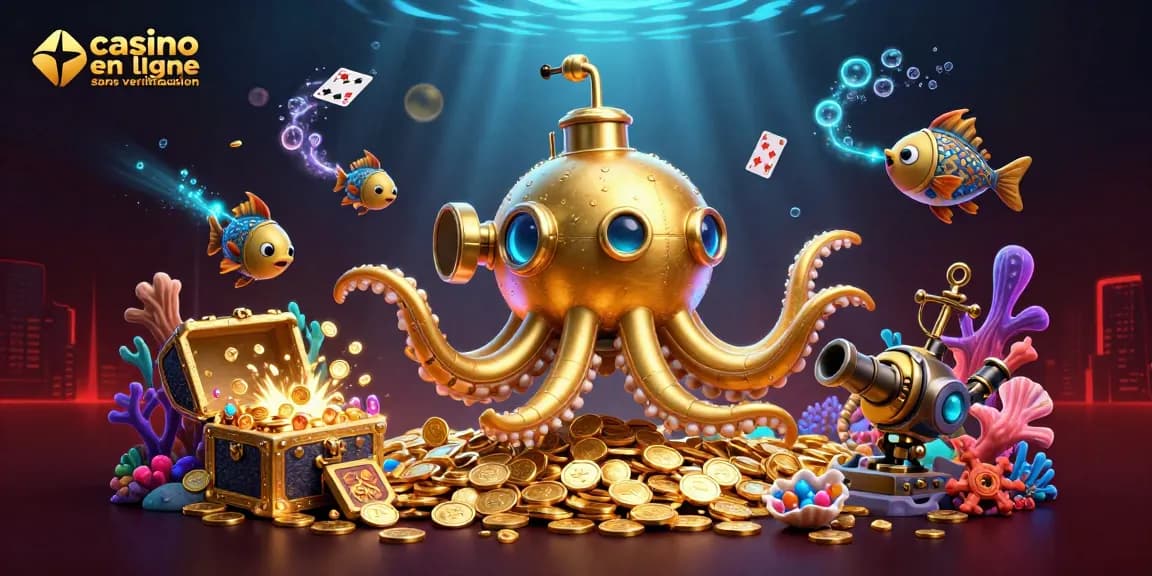 Jouer sur un casino en ligne sans vérification, illustré par une scène colorée avec un kraken doré et des poissons mécaniques.