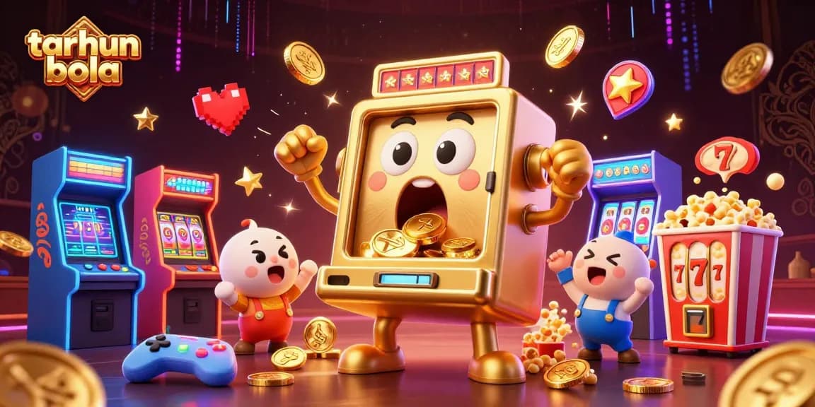 Experience taruhan bola excitement with golden slot machines celebrating jackpots in a vibrant casino scene.