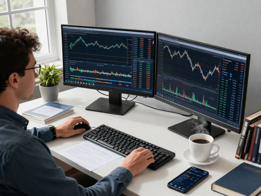 Trader using MetaTrader 5 on multiple screens for financial analysis