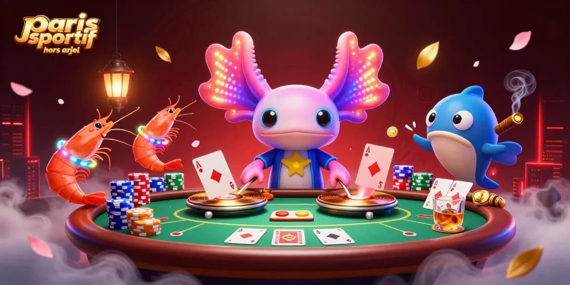 Placer vos paris sportifs hors ARJEL avec des personnages animés d'un DJ axolotl et ses amis en fête.