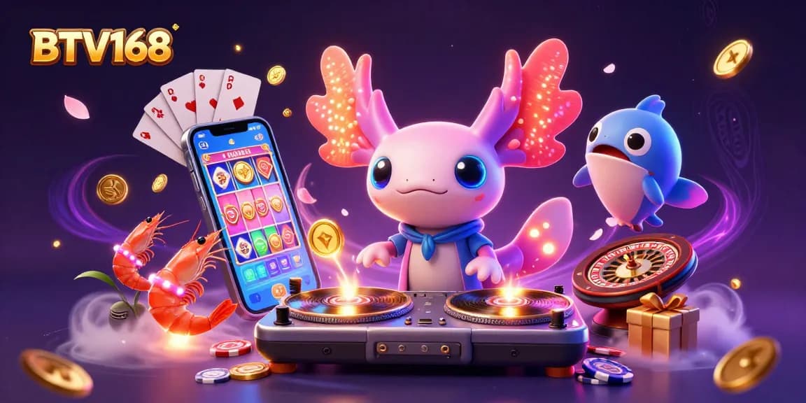 BTV168 showcases a vibrant 3D scene with an axolotl DJ spinning records while coins erupt, embodying dynamic gambling excitement.