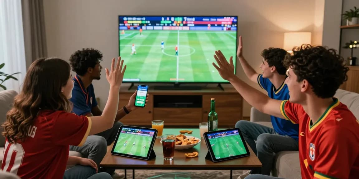 Excited friends enjoying a live match while using Link Alternatif Bola88 for sports betting, showcasing a vibrant and cozy atmosphere.