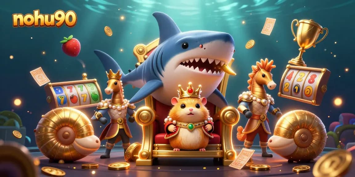 Nohu90 captivates with a vibrant 3D casino illustration featuring a golden hamster king amidst slot games and dynamic elements.