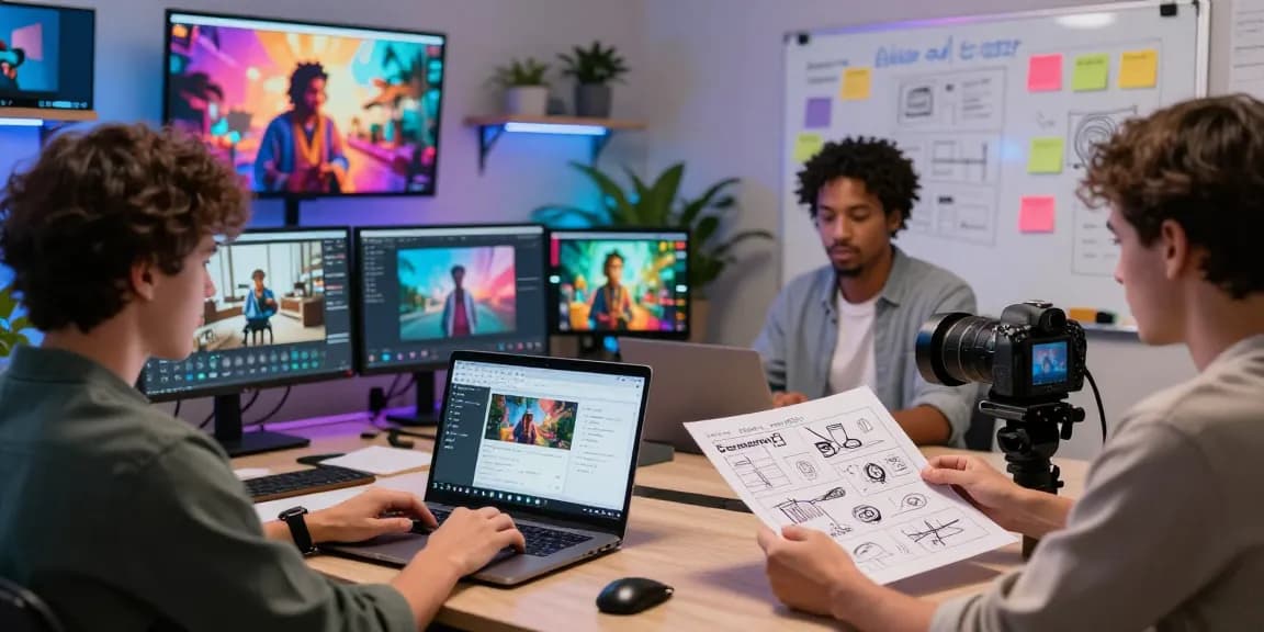 Seedance 2.0 creators collaborate in a vibrant studio environment showcasing video assets.