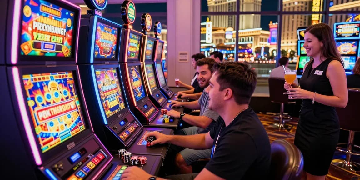 Permainan slot yang mengasyikkan di kasino dengan lampu cerah dan pemain yang bersemangat.