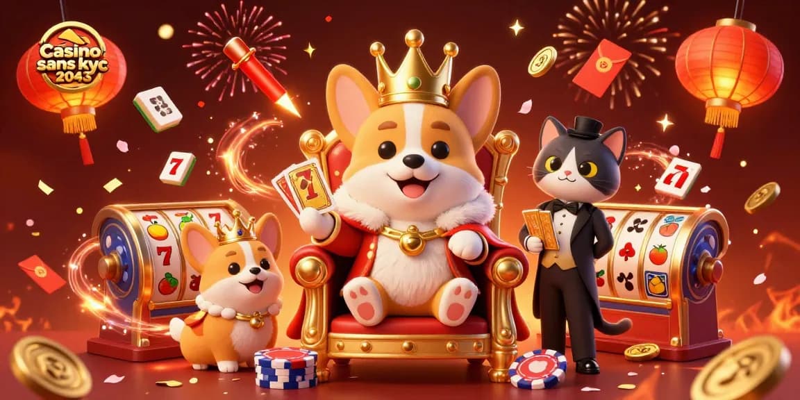 Jeu dynamique au casino sans kyc 2043, illustrant un corgi royal sur un trône, entouré de chance et de festivités.