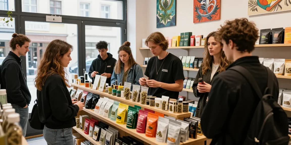 Where Can I Legally Buy Marijuana In Augsburg? Best Guide - Friends exploring cannabis products in a vibrant shop.