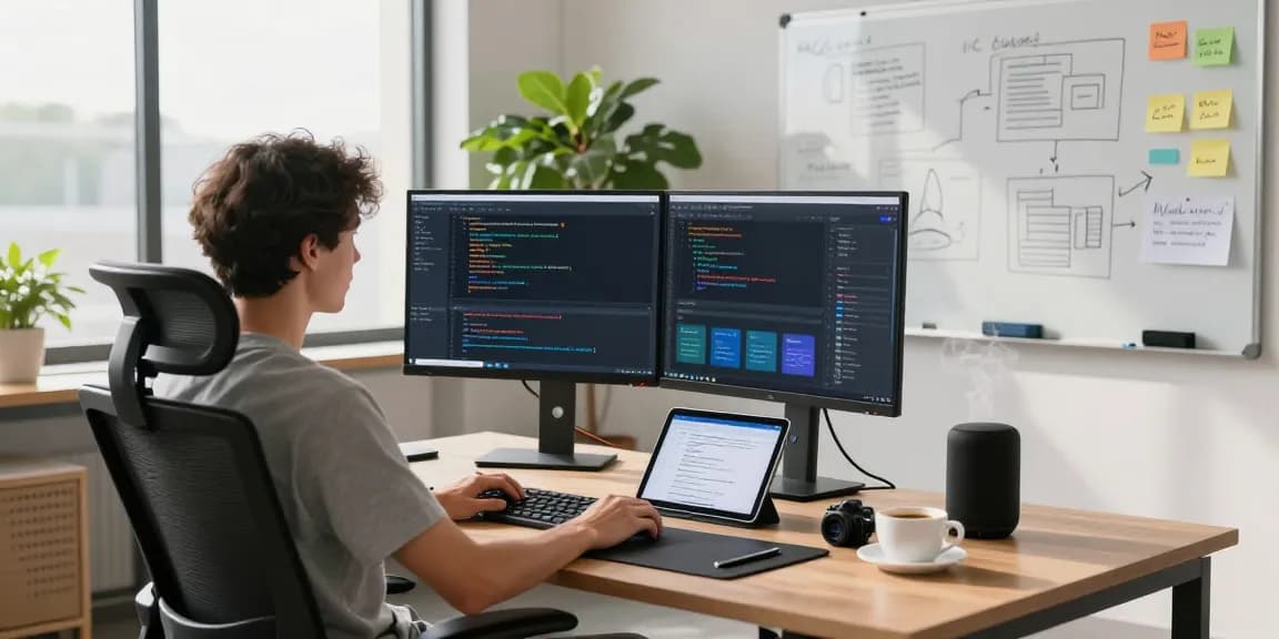 A developer managing openclaw skill in a modern workspace with dual monitors and a vibrant atmosphere.