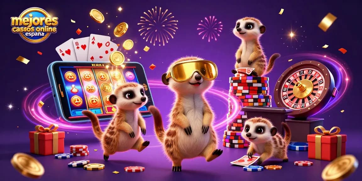 Mejores casinos online España mostrando una animada escena de suricatos en un casino.