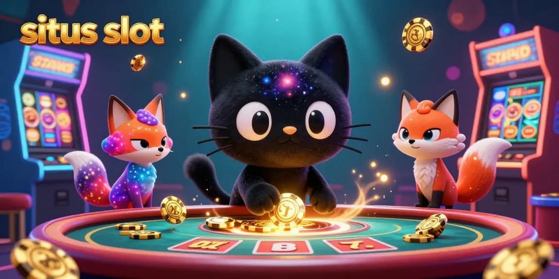 Menggulung slot gacor di situs slot dengan tema kasino yang penuh warna, menampilkan karakter kucing dan rubah.