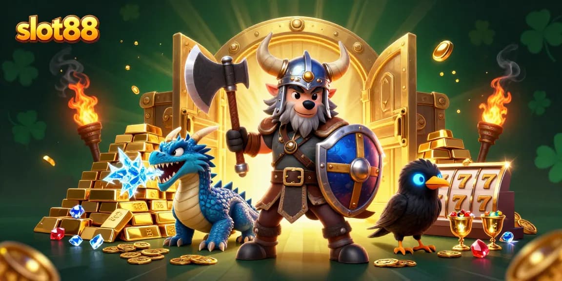 Engage with slot88's vibrant 3D illustration featuring a brave Viking wolf warrior, a fierce dragon, and treasure-filled slot reels.