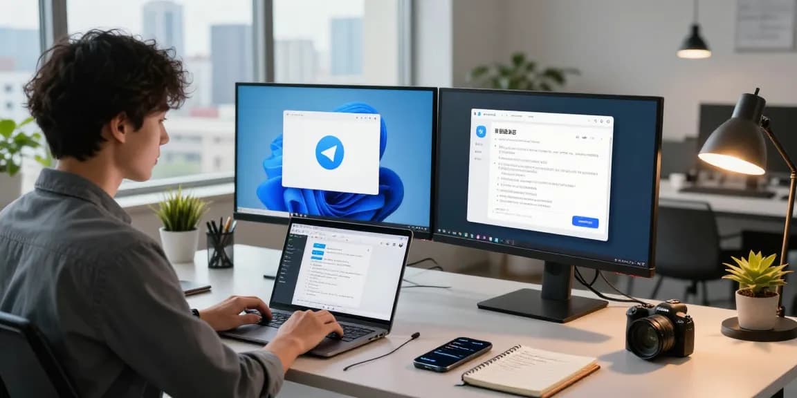 Young professional using telegram china latest version on dual monitors in a modern office
