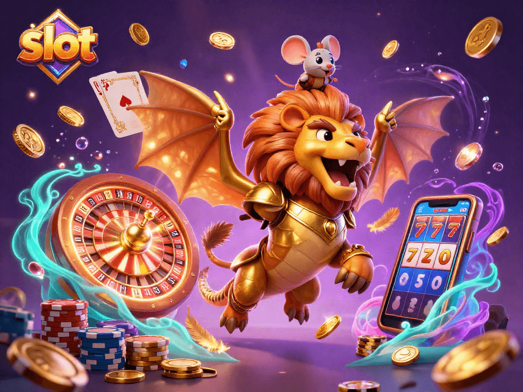 Engage with the slot experience through vivid 3D art of a golden chimera and casino elements.