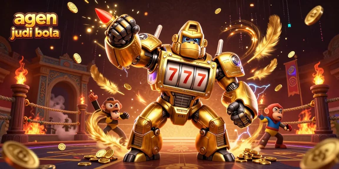 A dynamic scene showcasing agen judi bola with a golden gorilla mech, coins, and dramatic gaming elements.