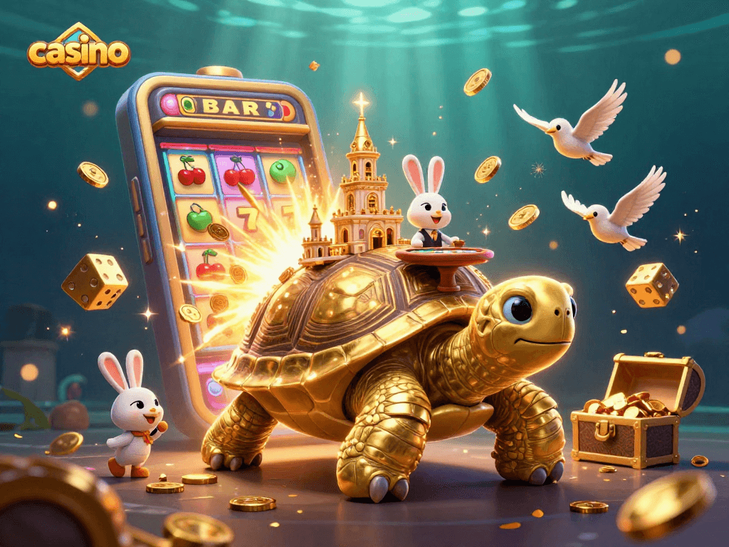 Experience thrilling casino action with a golden tortoise and vibrant game elements.