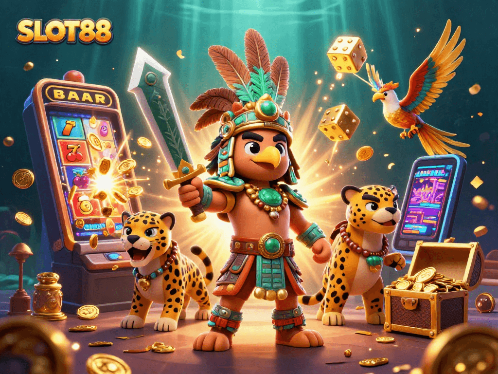 Bermain slot gacor SLOT88 dengan jackpot melimpah dan karakter menarik di latar 3D