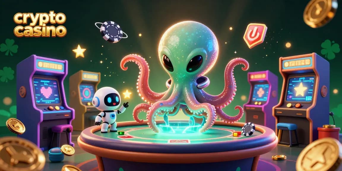 Jouez sur un crypto casino avec un poisson pilote et un poulpe, entouré de machines vibrantes.