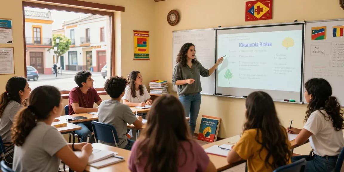 Corsi di spagnolo in Spagna studente che pratica spagnolo in un'aula vivace con istruttori e materiali.