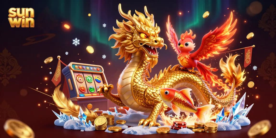 Experience the thrill of sun win with a vibrant 3D casino illustration featuring a dragon, phoenix, and koi fish.