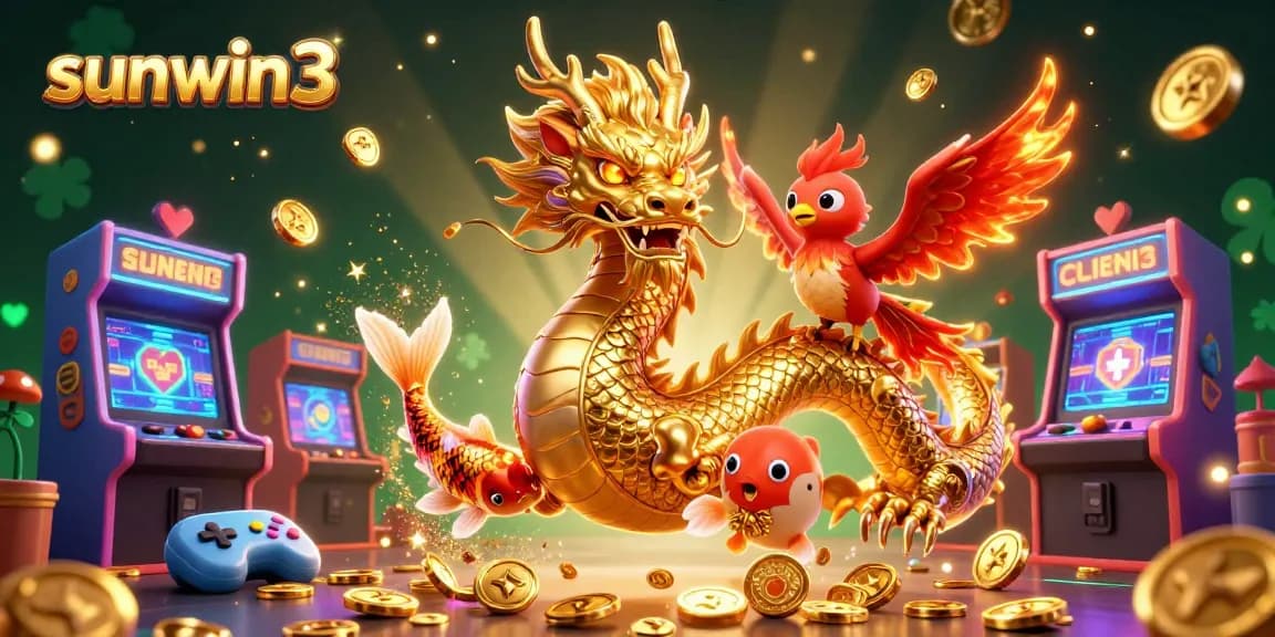 Experience the thrill of sunwin3 with a dynamic 3D illustration of a dragon, phoenix, and koi fish amidst vibrant gaming elements.
