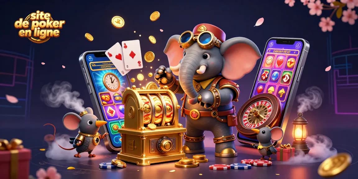 Jouez sur un site de poker en ligne avec une scène dynamique incluant un ingénieur éléphant steampunk et des jeux de cartes.