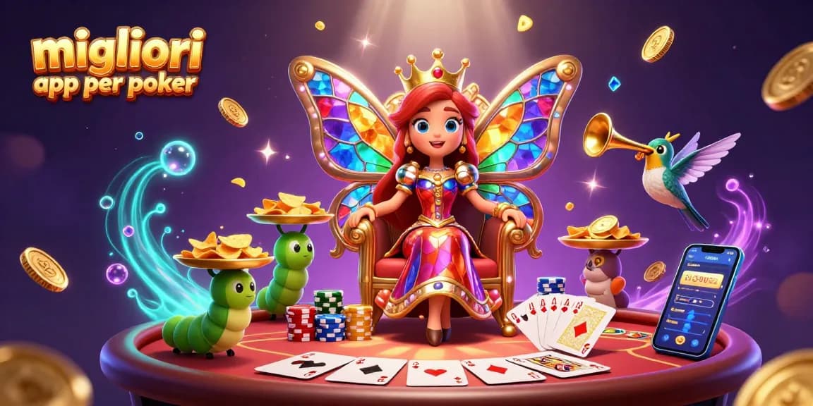 Scopri le migliori app per poker in un’illustrazione colorata e dettagliata, con regine delle farfalle e tavoli da poker.