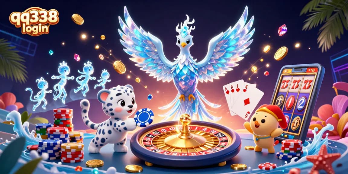 Engage in thrilling gameplay with the qq338 login portal showcasing an ice phoenix and dazzling casino elements.
