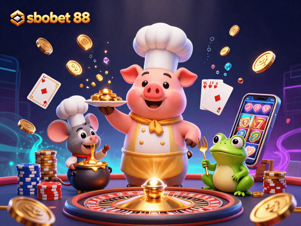 Experience the thrill of sbobet 88 with vibrant casino elements featuring gold coins and characters.