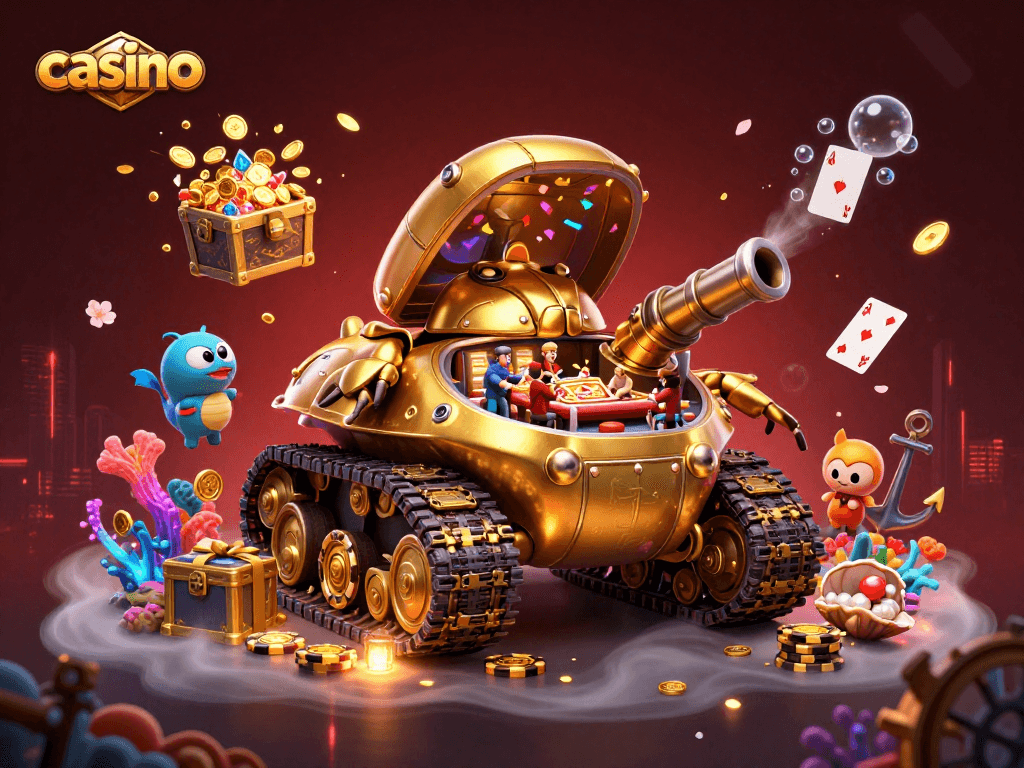 Experience the excitement of a casino with a vibrant 3D illustration of a golden beetle tank.