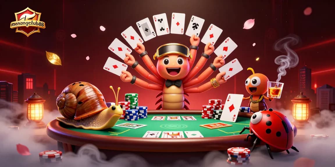 Win big at menangclub88 with a vibrant casino scene featuring dynamic characters and poker elements.
