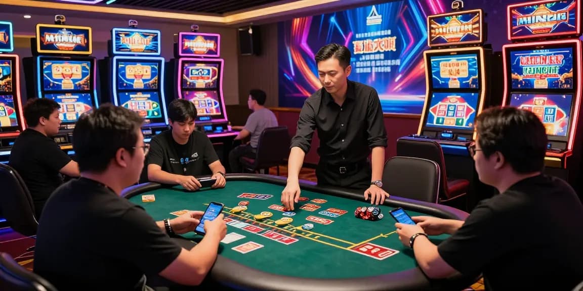 Engaging 鉅城 online gaming scene with players enjoying poker and slots in a vibrant, luxurious setting.