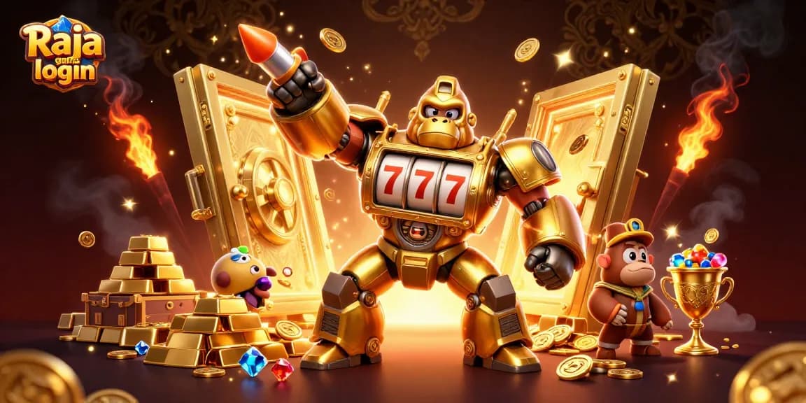 Engage with Raja game login through a dynamic 3D casino scene featuring exciting slot machine elements.