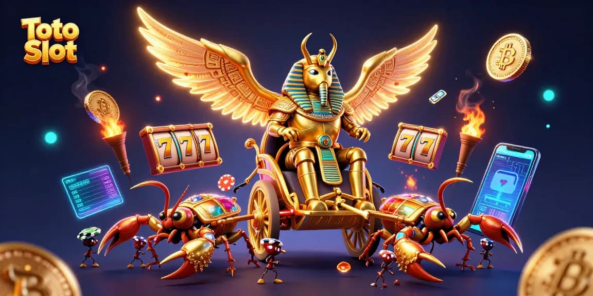 Toto Slot memberikan pengalaman menarik dengan scarab emas dan simbol jackpot di kasino.