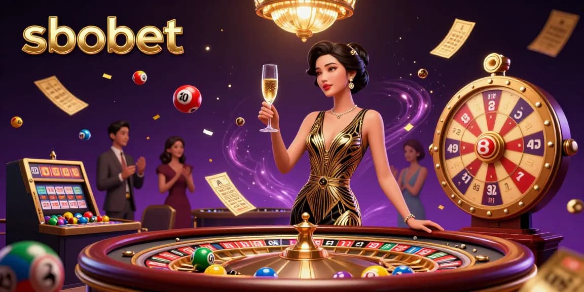 Experience sbobet excitement with vibrant lottery elements and a glamorous casino setting in this dynamic illustration.