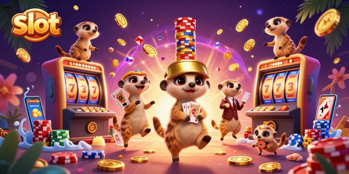 Meerkat beraksi di kasino slot dengan koin keemasan yang berhamburan dan simbol tujuh keberuntungan.