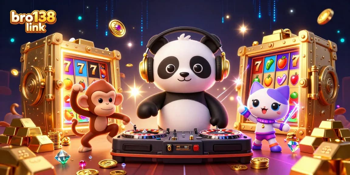 Engage with the vibrant bro138 link digital casino scene featuring lively characters and slot elements.