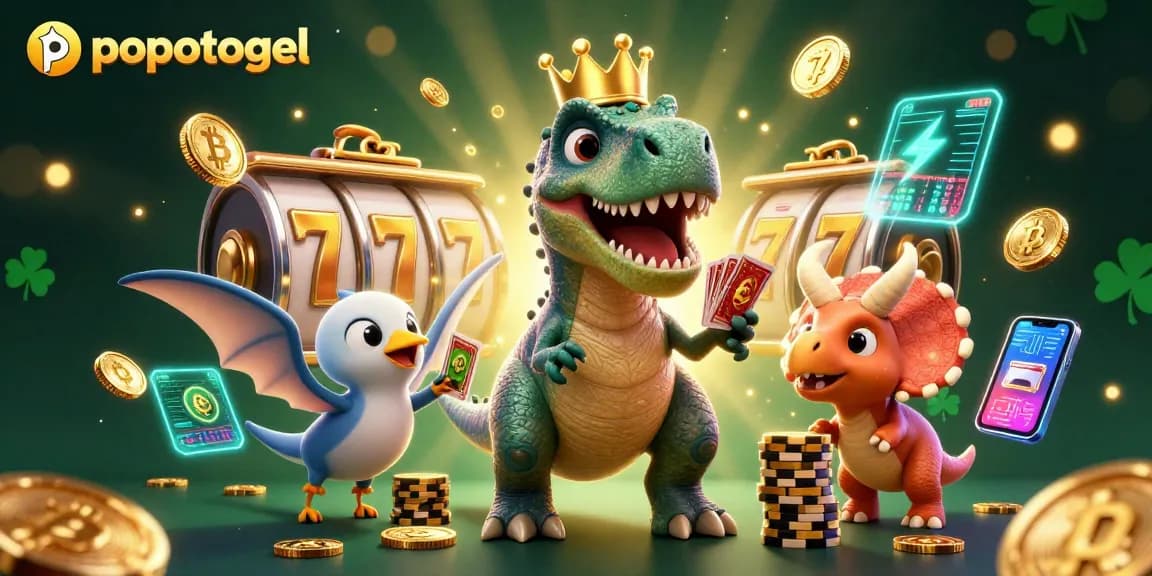 Experience popotogel excitement with a dinosaur card game scene, showcasing vibrant casino elements.