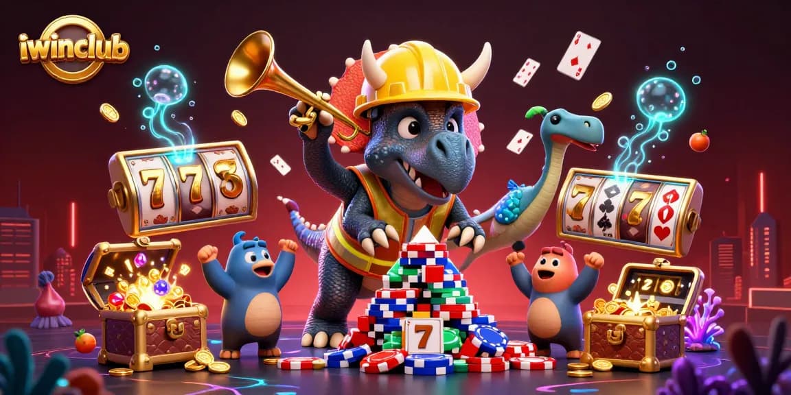 Engage in thrilling gameplay excitement with iwinclub's vibrant casino scene, showcasing poker chips and lucky symbols.