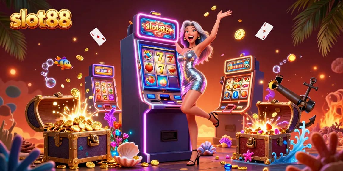 Experience excitement with slot88 as beautiful Asian woman celebrates a jackpot in a vibrant casino scene.