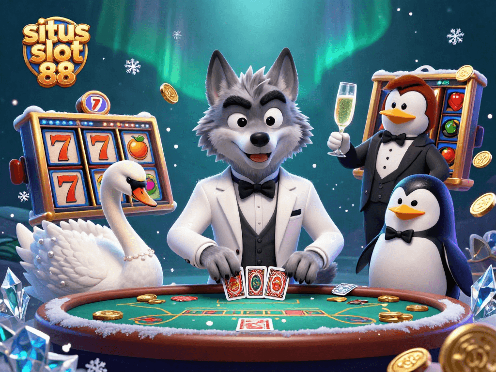 Experience situs slot 88 with engaging characters as they present thrilling game elements in an animated scene.