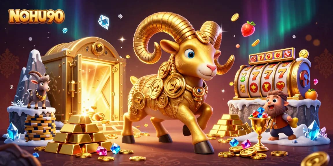 Experience the thrill of NOHU90 as a golden ram charges through a vault of riches and slot game elements.