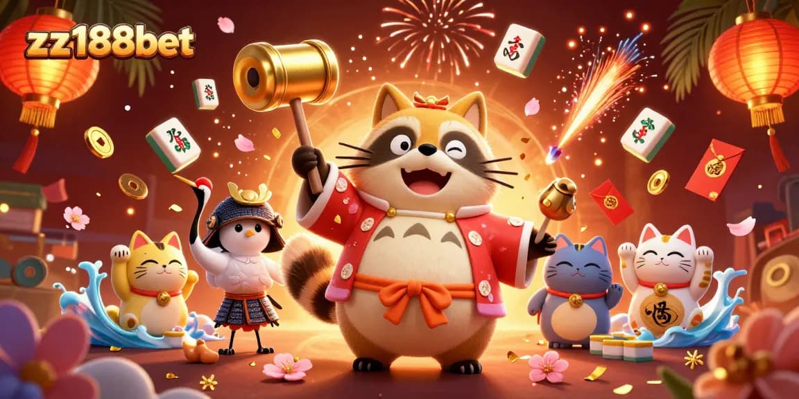 Experience thrilling gaming with zz188bet's vibrant 3D illustration featuring a joyful tanuki.