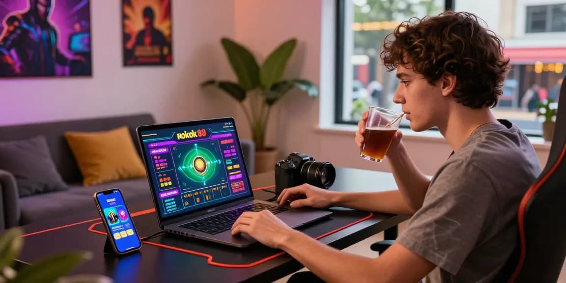 Engaging lifestyle scene with young adult enjoying rokok 88 gaming at home.