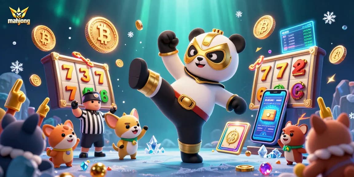 Play mahjong with a panda wrestler amidst lively casino action and vibrant slot elements.